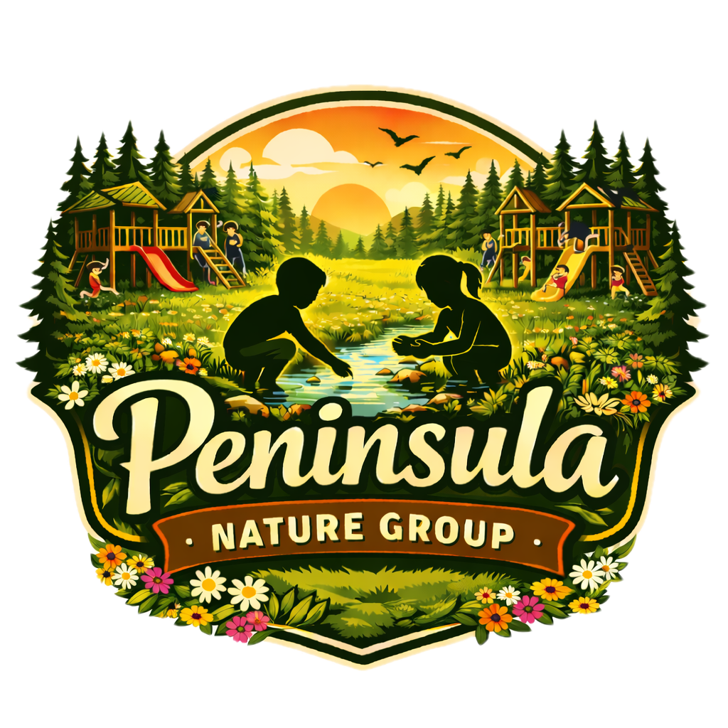 Peninsula Nature Group words in a park with play strutures in the background